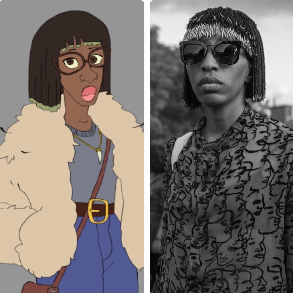 Side-by-side images of Osiokeh Ikaro: a stylized cartoon on the left, and a black-and-white street photo on the right, both showcasing bold personal style and distinctive eyewear.