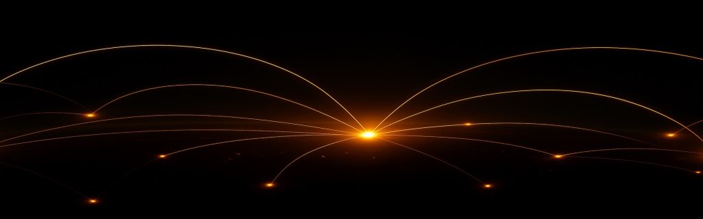 Orange arcs of light radiating from a bright center point over a dark background, representing global remote voiceover services through Source-Connect and other platforms